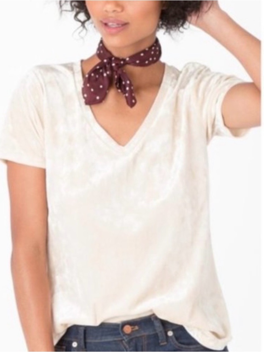 Anthropologie Cloth & Stone White Crushed Velvet V-Neck Top Medium Short Sleeve